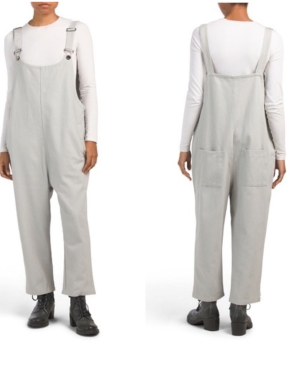 Ebby and I Light Grey Denim Oversized Cropped Baggy Overalls, size XS